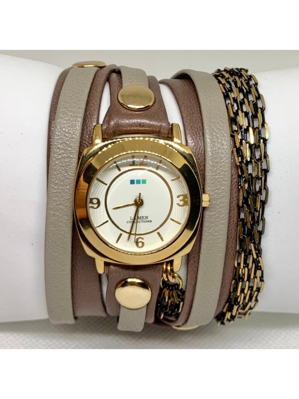 La Mer Collections Double Wrap leather band Gold Tone 30mm Watch quartz running